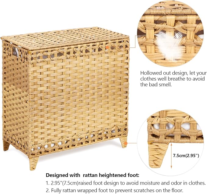 Laundry Hamper with 3 Removable Liner Bags; 132L Handwoven Rattan Laundry - Image 5