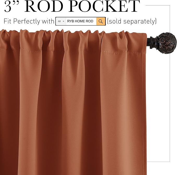 RYB HOME Orange Short Curtains Blackout, 45 inch Durable Cafe Curtains Room - Image 2