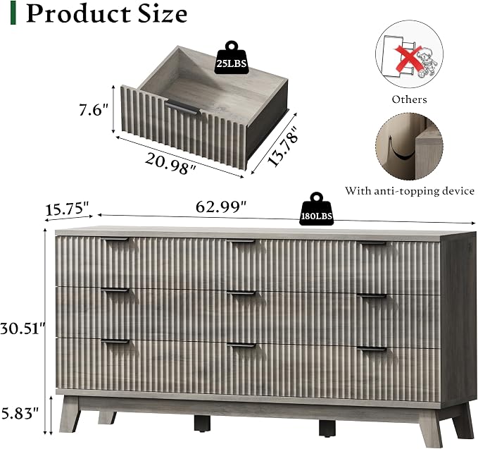 Fluted Dresser with 9 Drawers, Wooden Dresser TV Stand, Wood Closet Clothes - Image 2