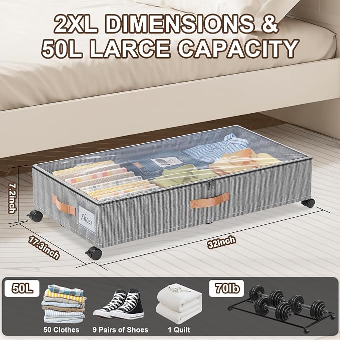 Under Bed Storage with Wheels, XXL 65L Under the bed storage Organizer Bins - Image 5