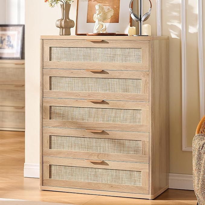 LEYAOYAO Rattan Dresser for Bedroom Set 2, Modern 5 Drawers Boho Dressers - Image 3