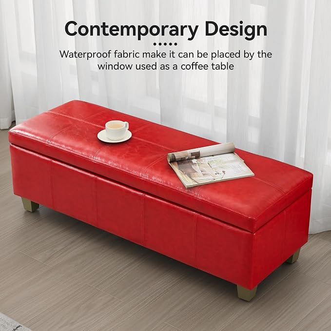 51" Faux Leather Storage Ottoman, Stitch Tufted Rectangle Upholstered End of - Image 7