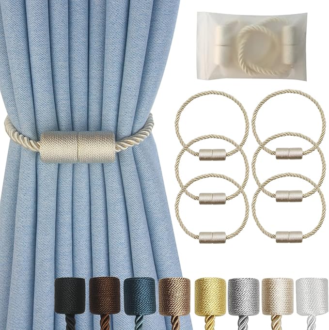 Magnetic Curtain Tiebacks 6 Pack Beige Curtain Rope Tieback Curtain Holders by CURTAINTIEBACKS