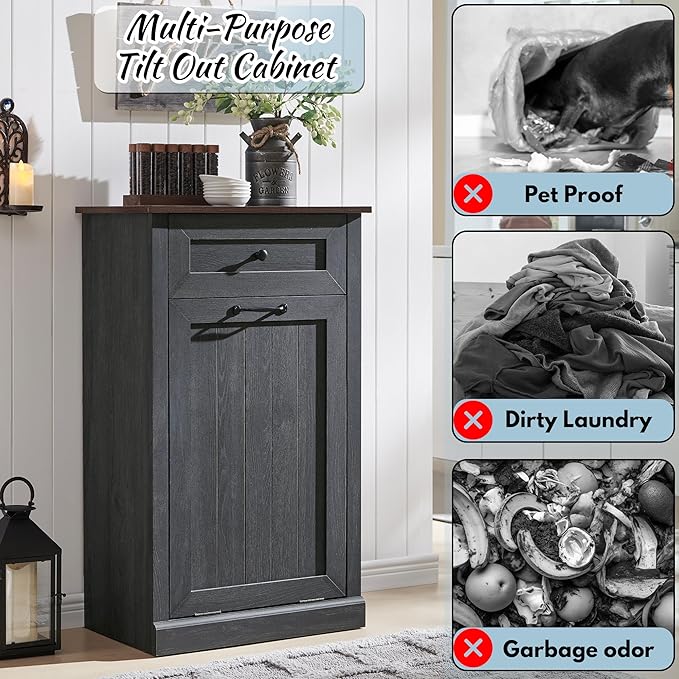Tilt Out Laundry Hamper Cabinet, 10 Gallon Farmhouse Trash Can Cabinet - Image 4