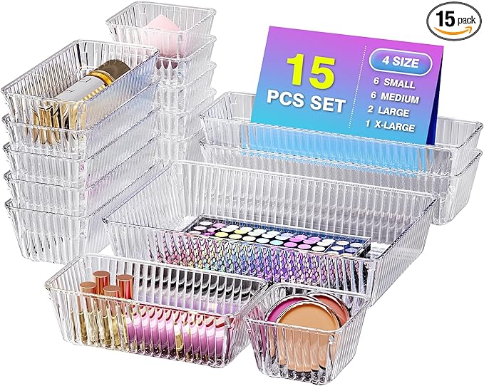 15 PCS Clear Plastic Drawer Organizer Set by Okylvve