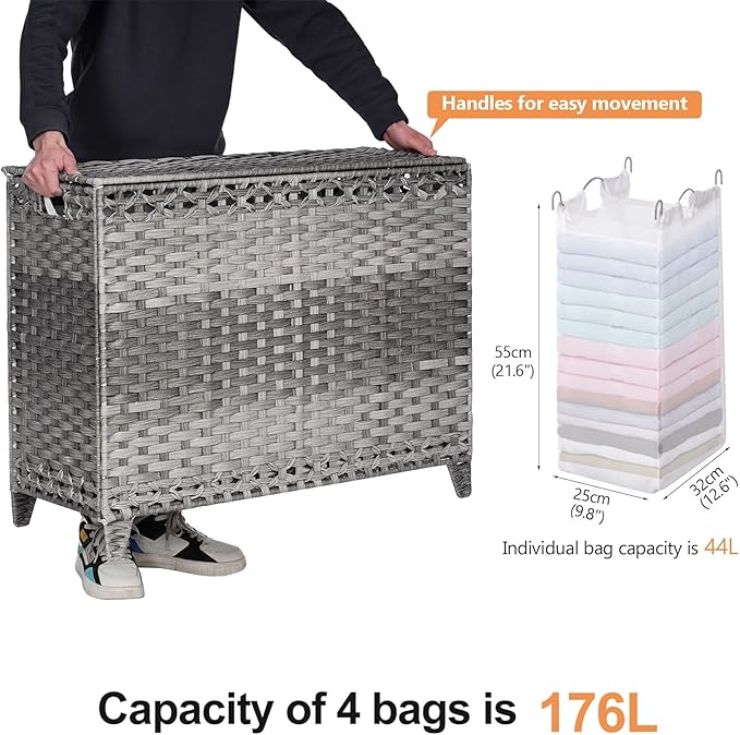 Laundry Hamper with 4 Removable Liner Bags; 176L Handwoven Rattan Laundry - Image 4