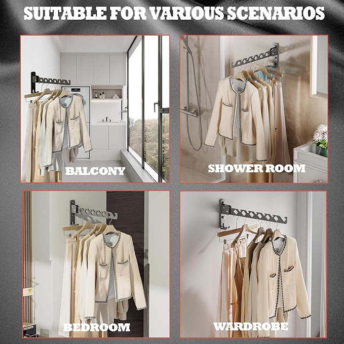 Dr.DJ Wall Mount Coat Hanger Holder Black Clothes Drying Organizer Rack Garment - Image 3
