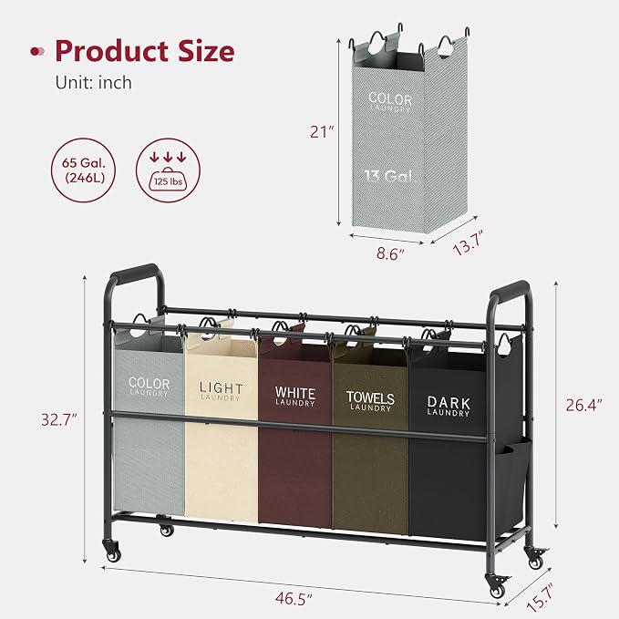 Tajsoon 5 Bag Laundry Sorter Cart, Laundry Hamper Sorter Basket - Image 6