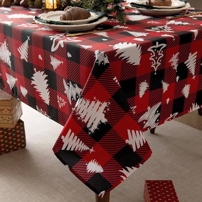Red Waterproof Plaid Christmas Tree Tablecloth Fabric by Essifunia