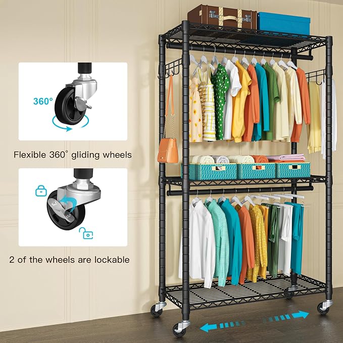 FUTASSI P1 Heavy Duty Garment Rack, 3 Tiers Adjustable Rolling Metal Closet - Image 5