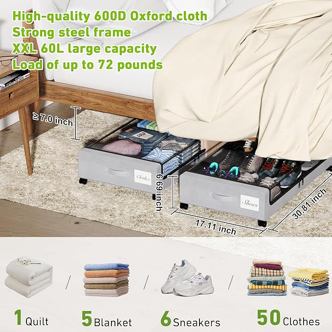Under Bed Storage with Wheels, Underbed Storage Bins, XXL 60L Rolling Metal - Image 4