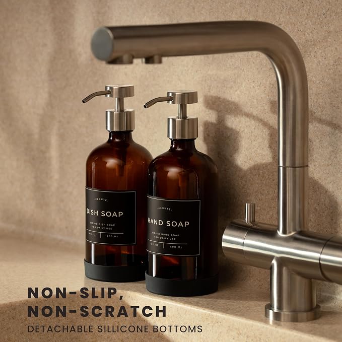 16oz Glass Soap Dispenser with Stainless Steel Pump, 21 Waterproof Labels - Image 2