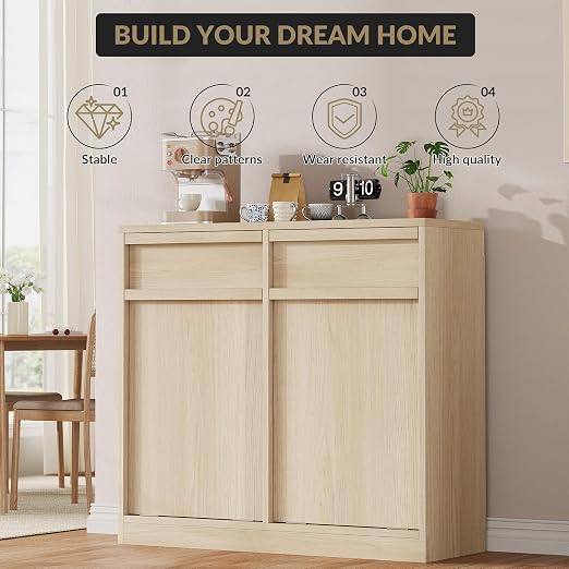 Double Tilt Out Trash Cabinet, Natural Wood Hidden Garbage Can Cabinet - Image 5
