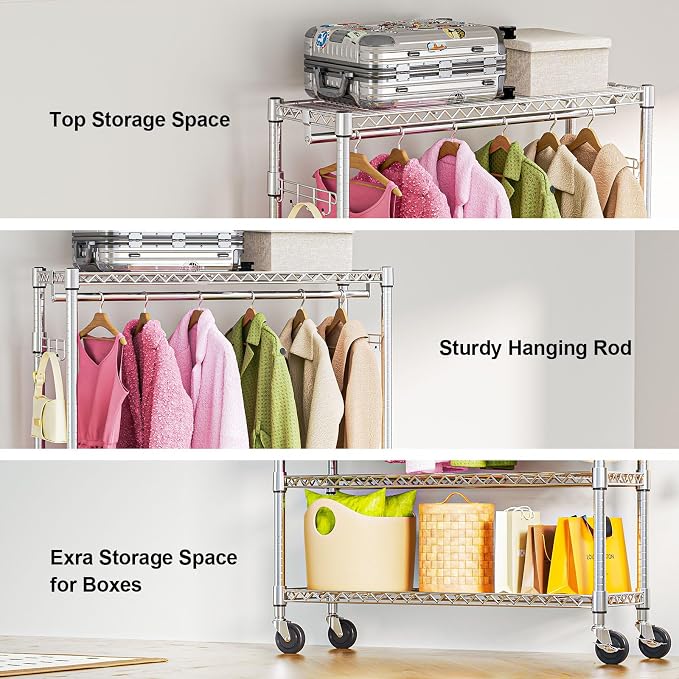 Heavy Duty Rolling Garment Rack 3 Tiers Adjustable Wire Shelving Clothes Rack - Image 4