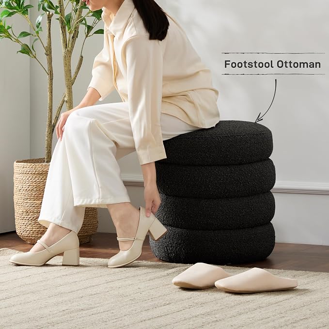 Round Ottoman with Storage Boucle Ottoman Stool with Storage Removable Lid - Image 6