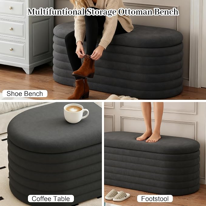 Storage Ottoman Bench, Upholstered Fabric Storages Benches End of Bed Stool - Image 7
