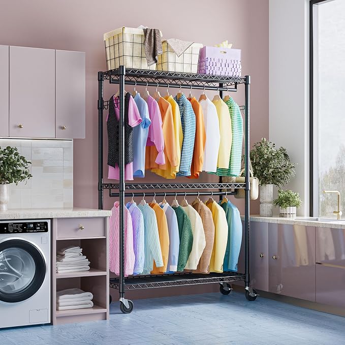 IZEUK 3 Tier Heavy Duty Rolling Garment Rack Wire Clothes Rack - Image 4
