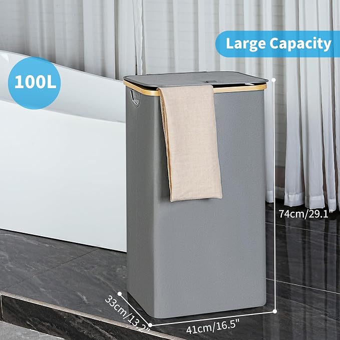 efluky Laundry Basket with Lid and Removable Bag, 100L Tall Laundry Hamper with - Image 4