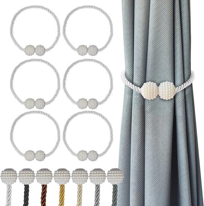 Hion Magnetic Curtain Tiebacks White 6 Pack, Curtain Tiebacks Buckles Holdbacks by Hion
