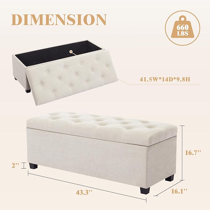 43’’ Storage Ottoman Bench, Linen Entryway Benches Load up to 660 Lb, Modern - Image 2