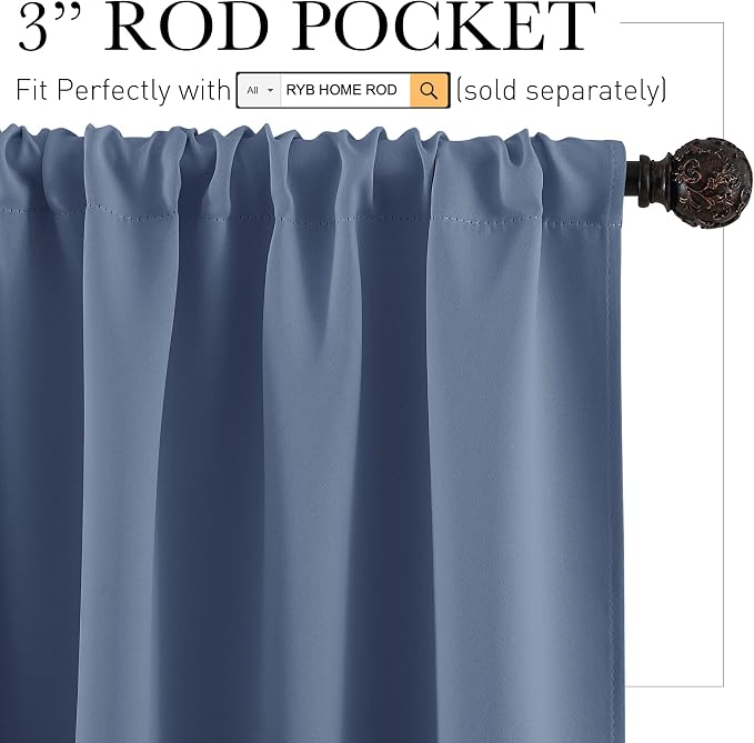 RYB HOME Blue Blackout Curtains 63 inch Length 2 Panels Set - Image 2