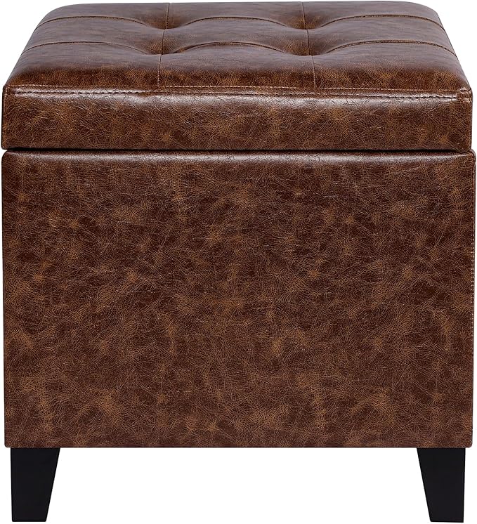 Adeco 18" Storage Ottoman Foot Rest Stool, Walnut Leather Ottoman by Adeco