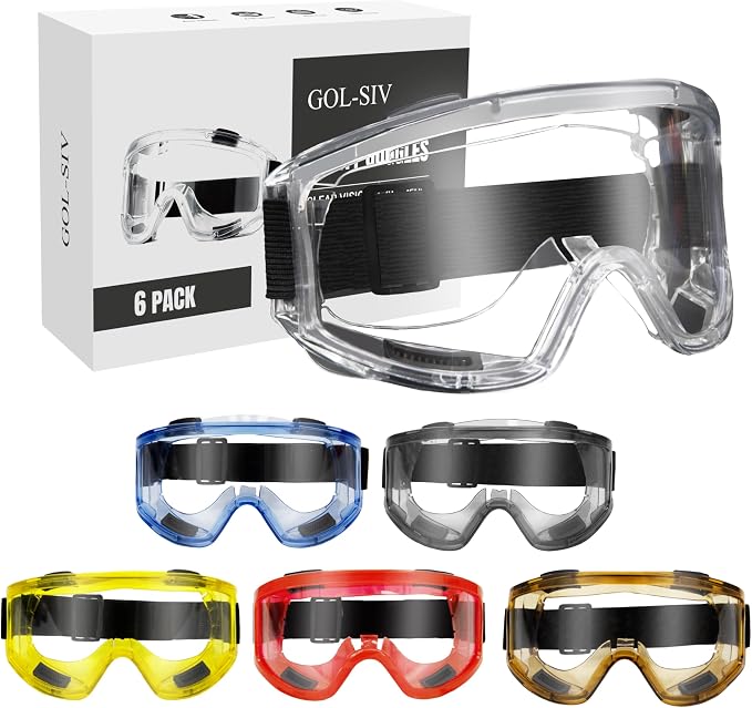 6 Pack Safety Goggles, ANSI Z87.1 Anti-Fog Lab Goggles, Adjustable Protective by GOL-SIV
