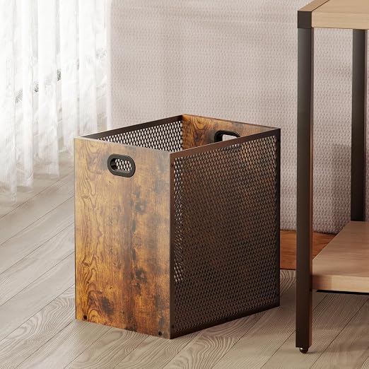 Retro Office Trash Can, Iron and Wood Combination Bedroom Garbage Can, - Image 7