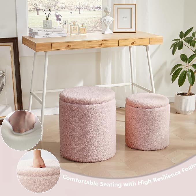 Boucle Round Ottoman with Storage Set of 2, Small Foot Stool Ottoman - Image 5