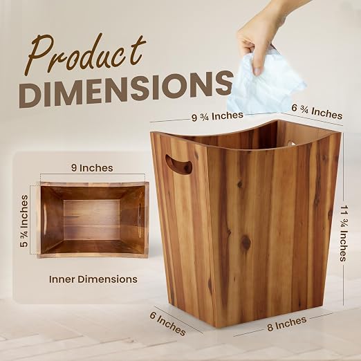 2 Gallon Acacia Wooden Bin, Wastebasket – Small Trash Can, Decorative Bathroom - Image 2