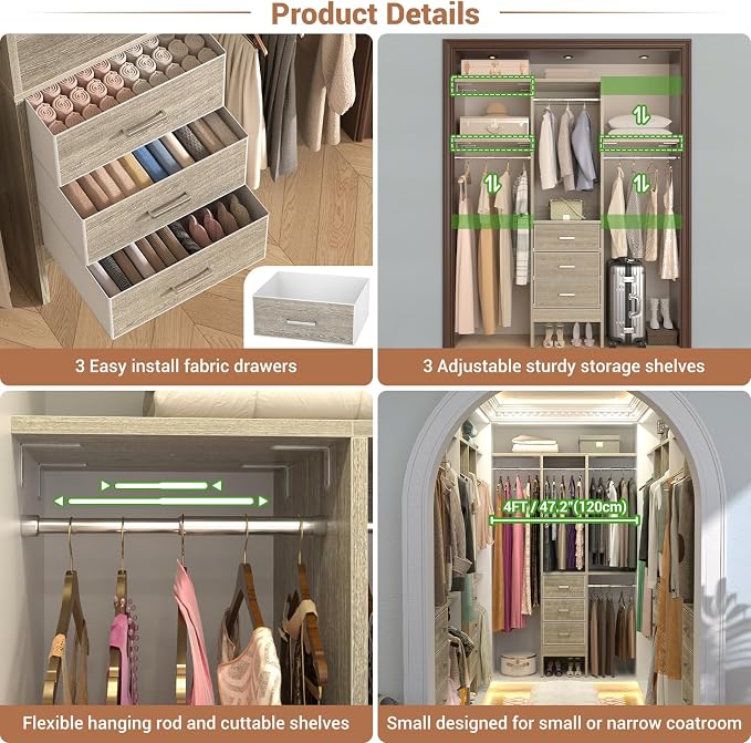 4FT Small Closet System with 3 Fabric Drawers, Flexible Built-In Clothes - Image 4