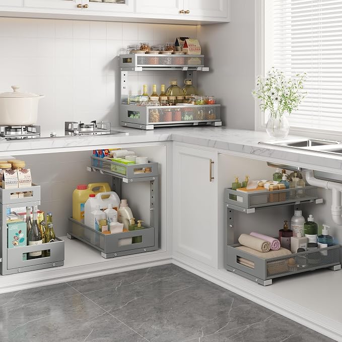 2-Pack Under Sink Storage Organizer, Large 2-Tier Elegant Mesh Pull Out Shelf - Image 6