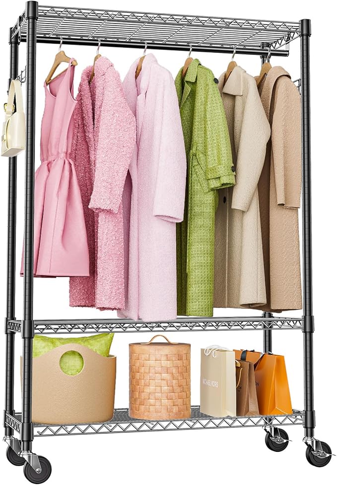 Heavy Duty Rolling Garment Rack 3 Tiers Adjustable Wire Shelving Clothes Rack by MEIGAOPLASTICANDMETALHKCOLIMITED