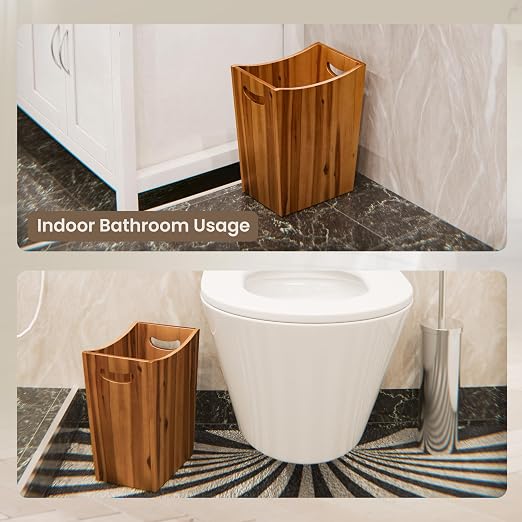 2 Gallon Acacia Wooden Bin, Wastebasket – Small Trash Can, Decorative Bathroom - Image 4