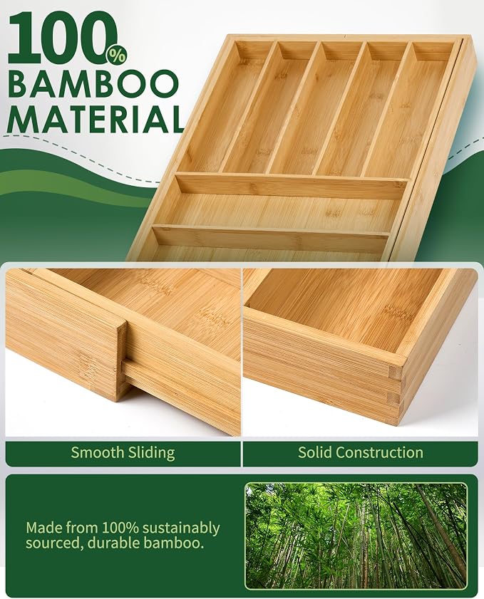 Premium Bamboo Expandable Drawer Organizer, 7-9 Slots Adjustable Kitchen Drawer - Image 4