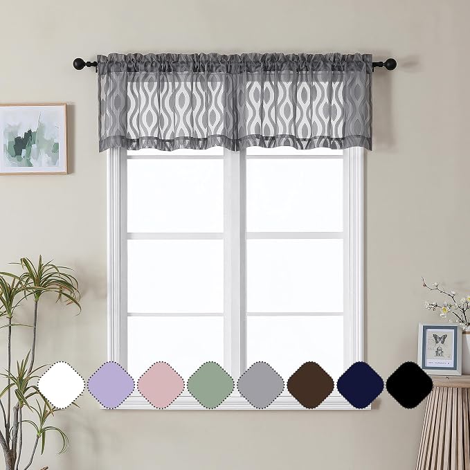 Aiyufeng Grey Valances for Windows, Clip Jacquard Chic Wavy Line Voile Sheer by Aiyufeng