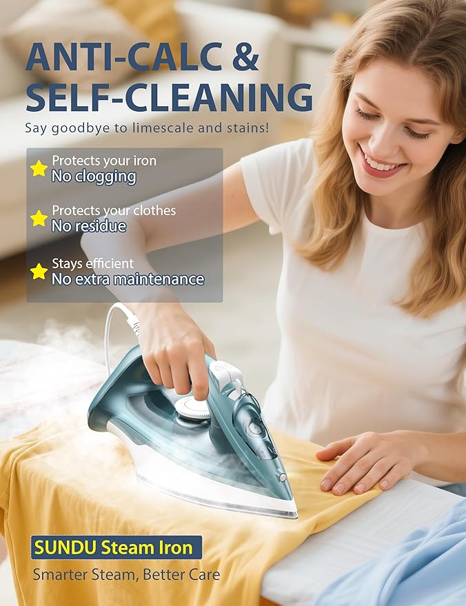 Sundu 1500W Steam Iron for Clothes, Ceramic Nonstick Soleplate for Fast Smooth - Image 2