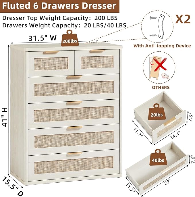 LEYAOYAO White Dresser for Bedroom Set of 2, Modern 6 Drawers Boho Rattan - Image 2