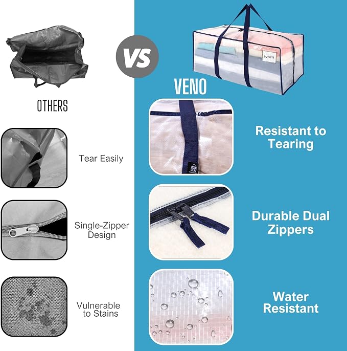 VENO 10 Pack Moving Bags Plastic Storage Totes Clothes Organization Large W - Image 5