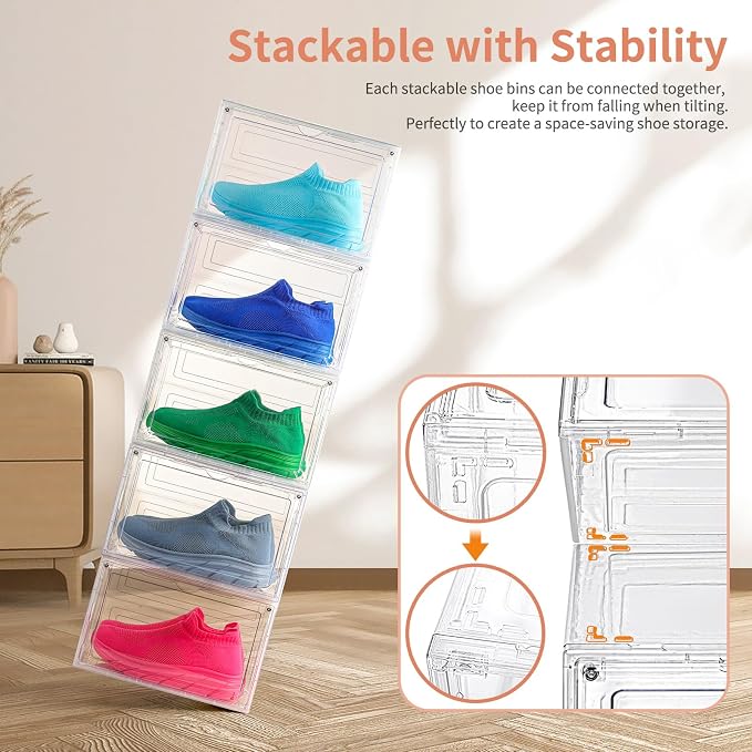 12 Pack Clear Shoe Boxes Stackable, Large Shoe Storage Organizer - Image 3