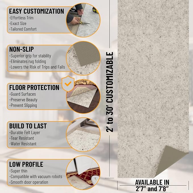 Ottomanson 7'8" x 12' Non-Slip Rug Pad Gripper 1/12 Inch Ultra Thin Dual - Image 2