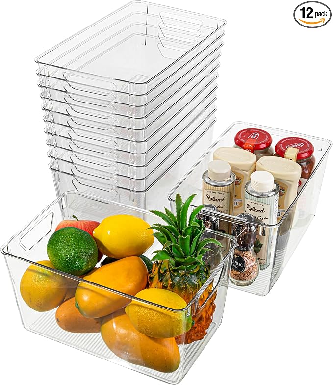 Attelite Clear Plastic Storage Bins, Large 12 Pack Pantry Organizer by Attelite