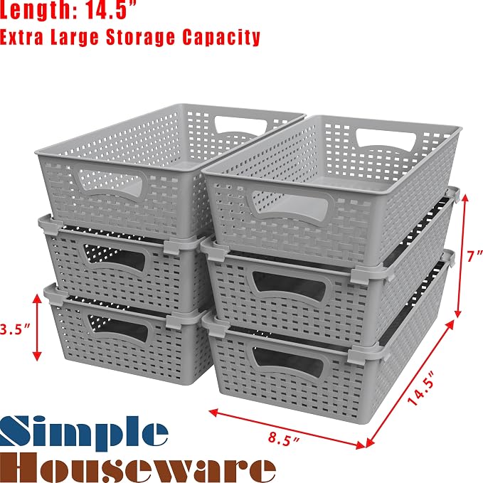 Simple Houseware Stackable Plastic Woven Basket Organizer, 6 Pack, 14.5" x 8.5" - Image 3
