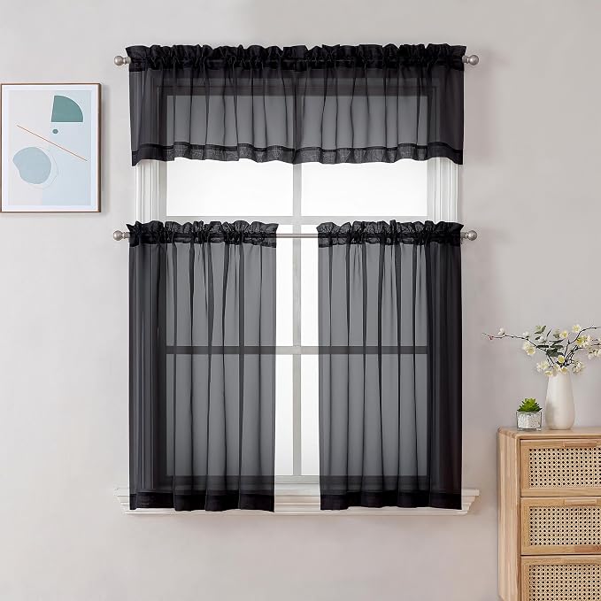 Chyhomenyc Black Sheer Curtains 30 inch Length 2 Panels, Light Filtering Voile - Image 2