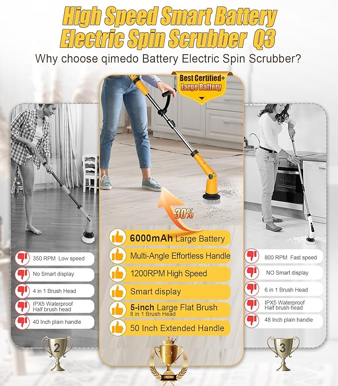 Qimedo Electric Spin Scrubber Extra Large Brush Q3, 6000 mAh Best Battery Power - Image 4