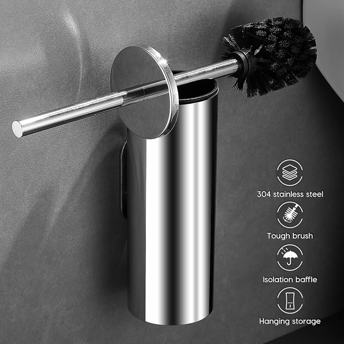 Toilet Brush and Brush Holder, Stainless Steel No-Punch Hook Base Dual Purpose - Image 6