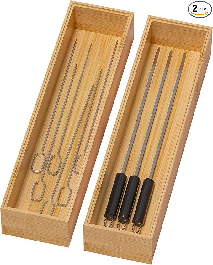 Bamboo Drawer Organizer, Narrow Stackable Cutlery Tray by Lixple