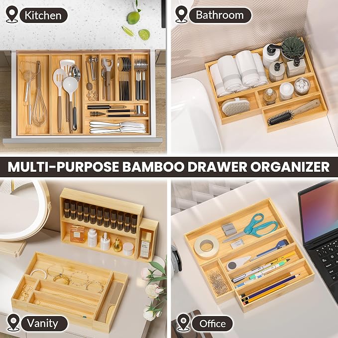 Kitchen Drawer Organizer Bins, Stackable Bamboo Drawer Organizer - Image 5