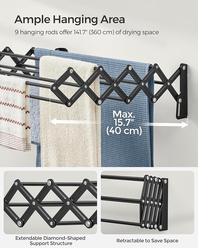SONGMICS Clothes Drying Rack, Wall-Mounted Drying Rack Clothing, Small - Image 4