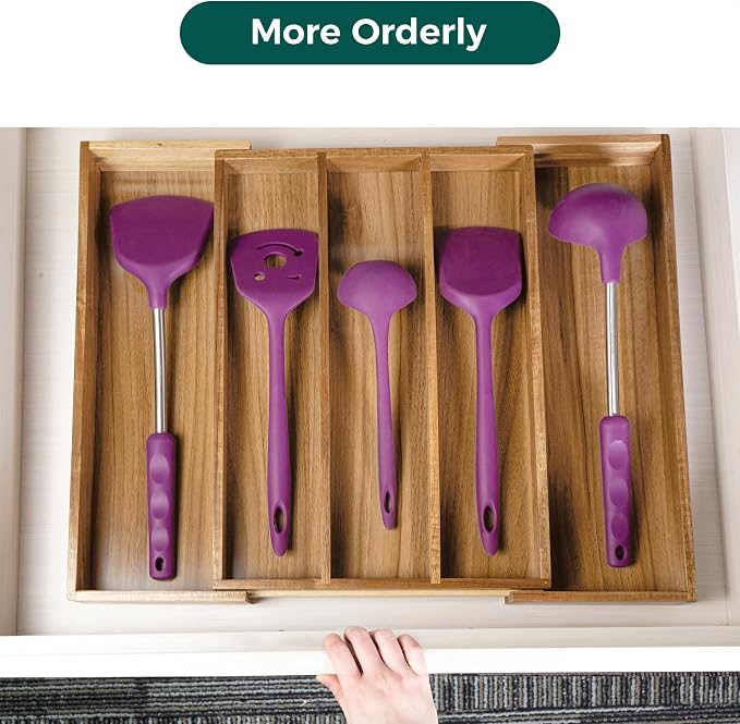 Utoplike Acacia Kitchen Drawer Organizer Expandable, Large Utensils and Cutlery - Image 4